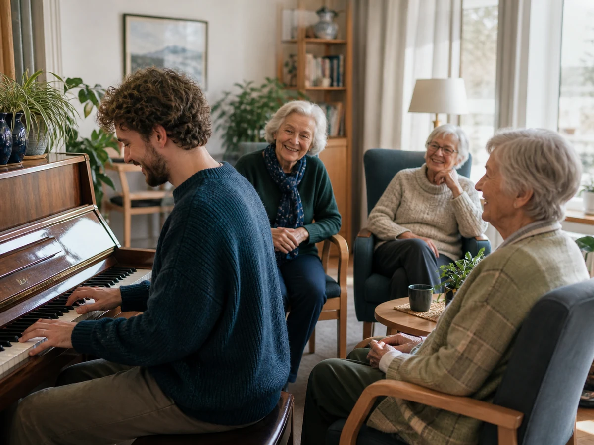 En frivillig spiller piano mens tre beboere lytter i et lyst fellesrom
