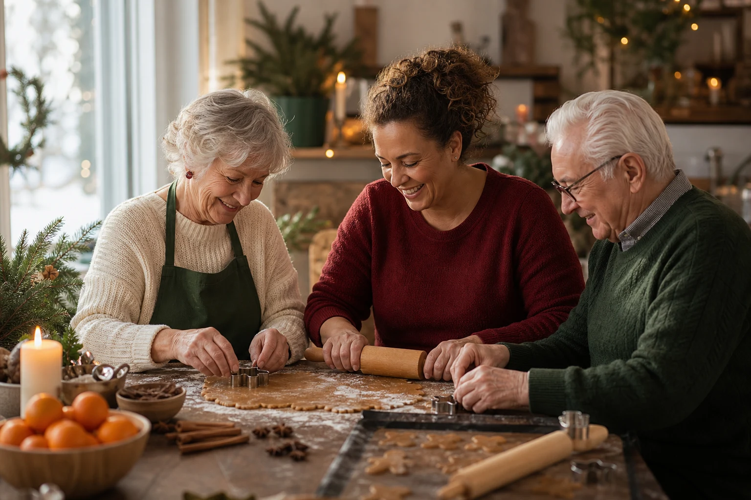 En frivillig og to beboere baker julekaker sammen rundt et varmt opplyst bord