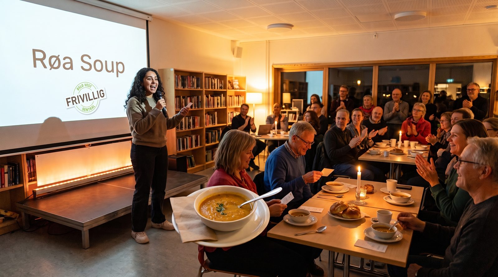 En kvinne presenterer ideen sin foran et publikum på Røa Bibliotek, med suppetallerkener og stearinlys på bordene