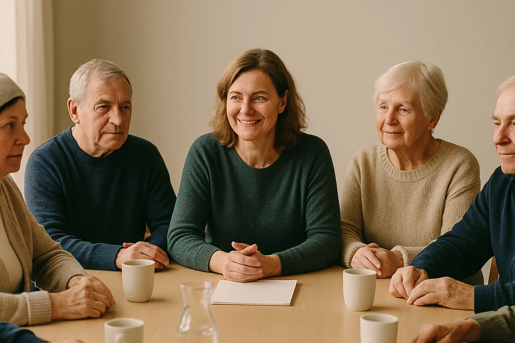 En liten gruppe eldre voksne og en frivillig i en varm samtale rundt et bord